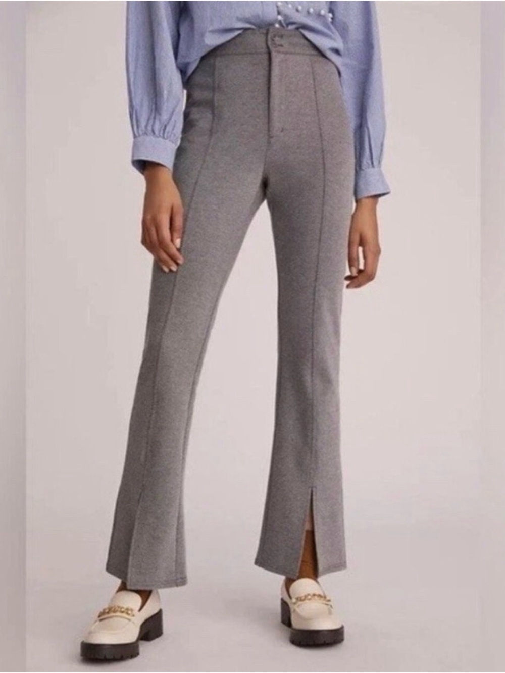 Anthropologie Maeve Heather Gray Seamed Flare Front Slit Hem Pants Size 12